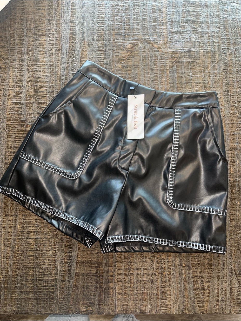 NWT Strut & Bolt Black Faux Leather Shorts with Contrast Stitching size small